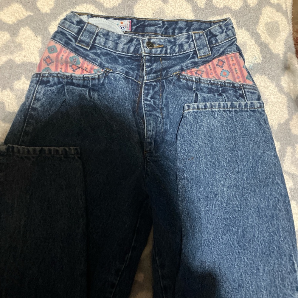 Vintage Blue Jeans with Pink Pattern western style